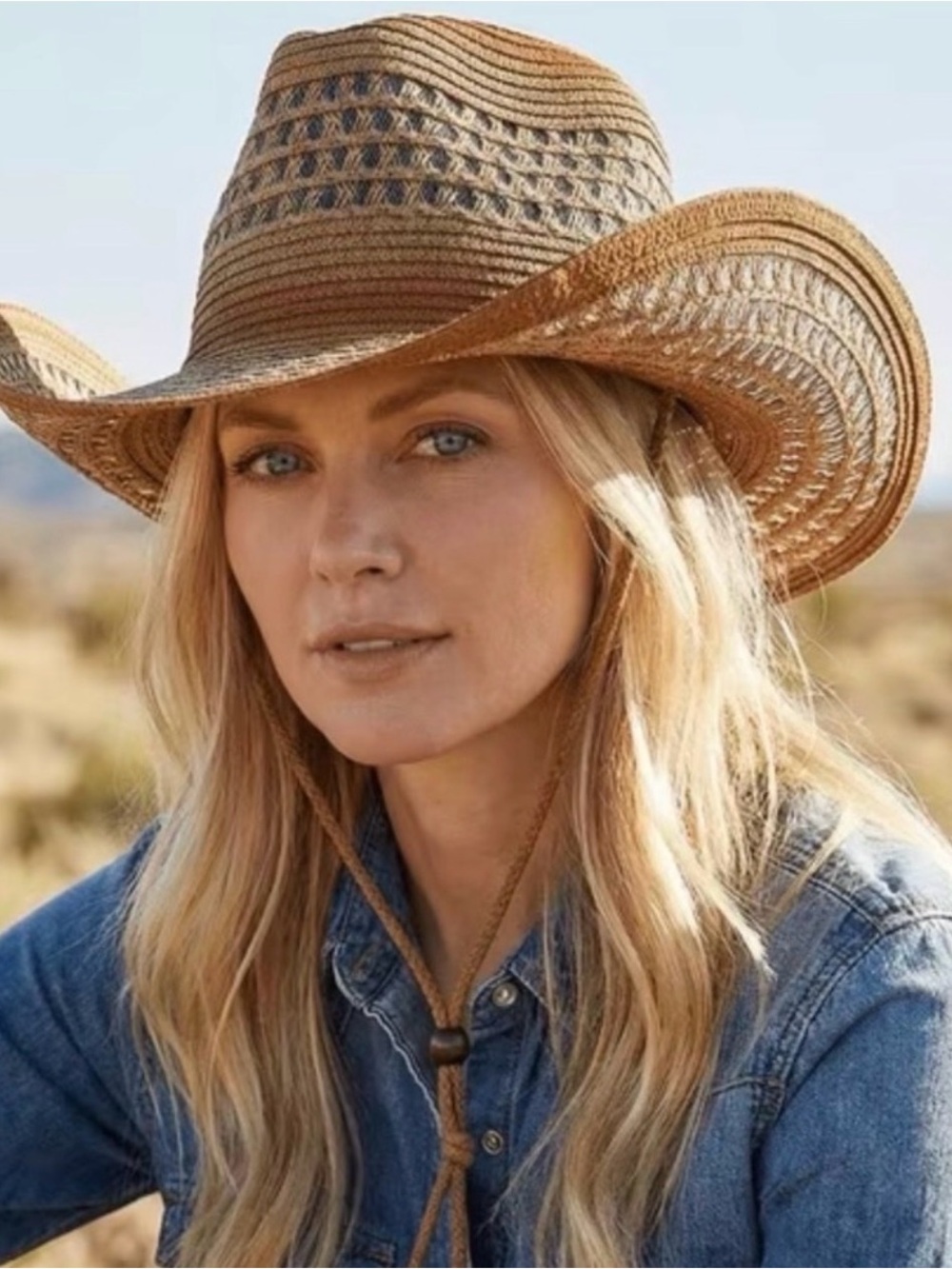 Braided Straw Cowgirl Hat with Chin Cord - Natural Tan